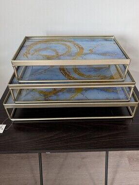 Blue & Gold Decorative Nesting Trays - Set of 3 Serving Modern Decor